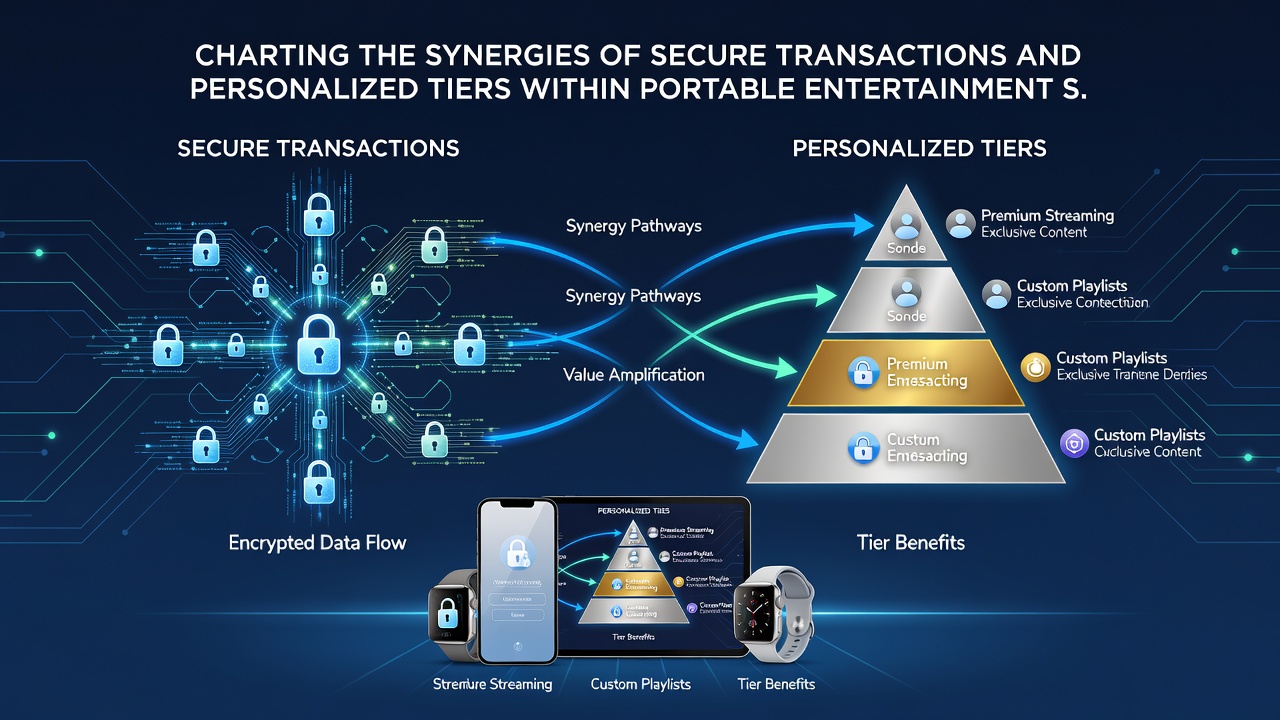 Illustration of interconnected mobile app features linking encrypted payment flows with tier progression indicators