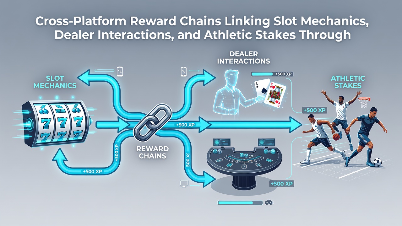 Live dealer table interface connected to sports betting dashboard via digital transfer pathways and reward chain graphics