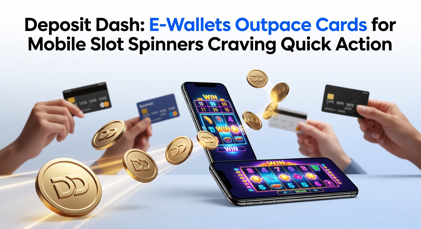 Close-up of hands holding a phone with e-wallet app open next to slot game icons, speed lines emphasizing rapid deposit flow from wallet to reels