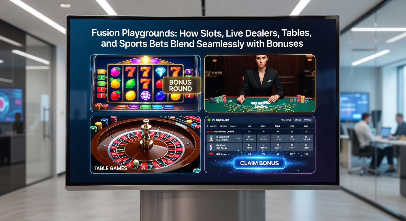 Dynamic fusion playground dashboard displaying live dealer blackjack alongside slot reels, poker tables, tennis betting odds, active bonus trackers, mobile app controls, e-wallet transactions, VIP level indicators, and lifeline support icons