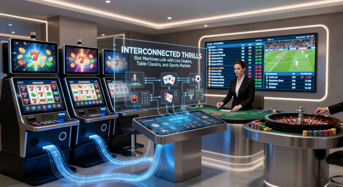 Mobile app screen displaying simultaneous slot spins, live dealer roulette, poker table, and live sports betting odds with integrated loyalty rewards and chat support
