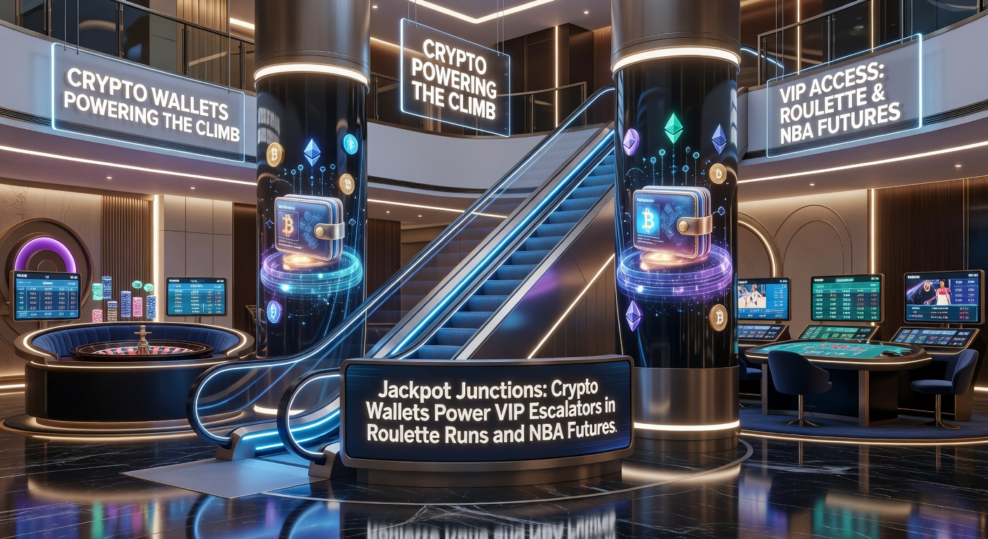 Vibrant graphic showing crypto transactions elevating a player through VIP levels on a roulette table intertwined with NBA betting futures